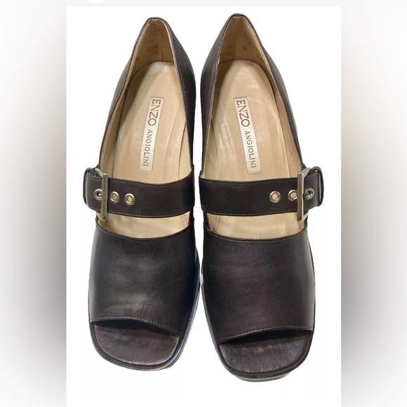 Enzo Angiolini Shoes - Vintage 1990’s ENZO ANGIOLINI Brown Open Toe Block High Heel Buckle Shoes Sz 9.5